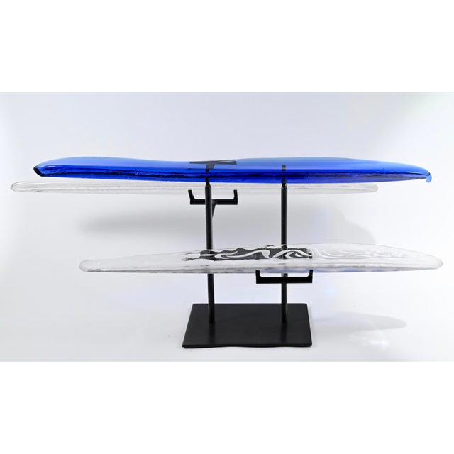 Terje Lundaas Blue & White Glass Sculpture With Engravings on Tri-Level Stand, Large 31" Wide, Etch Signed - Set of 4 For Sale - Image 4 of 12