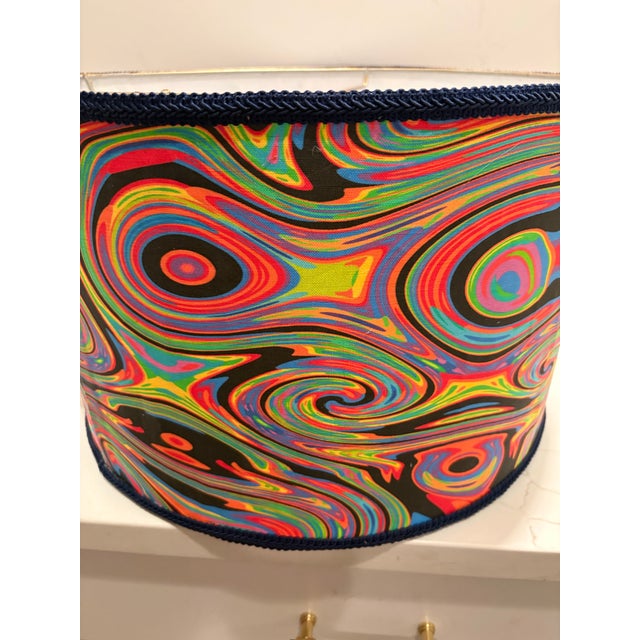 Retro Psychadelic Style Drum Lamp Shade With Navy Trim For Sale - Image 4 of 10