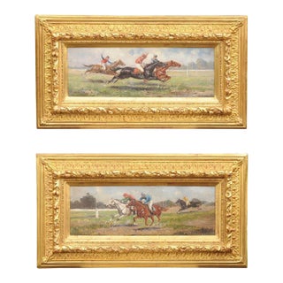 Pair of Late 19th Century American Oil Horse Racing Paintings in Giltwood Frames For Sale