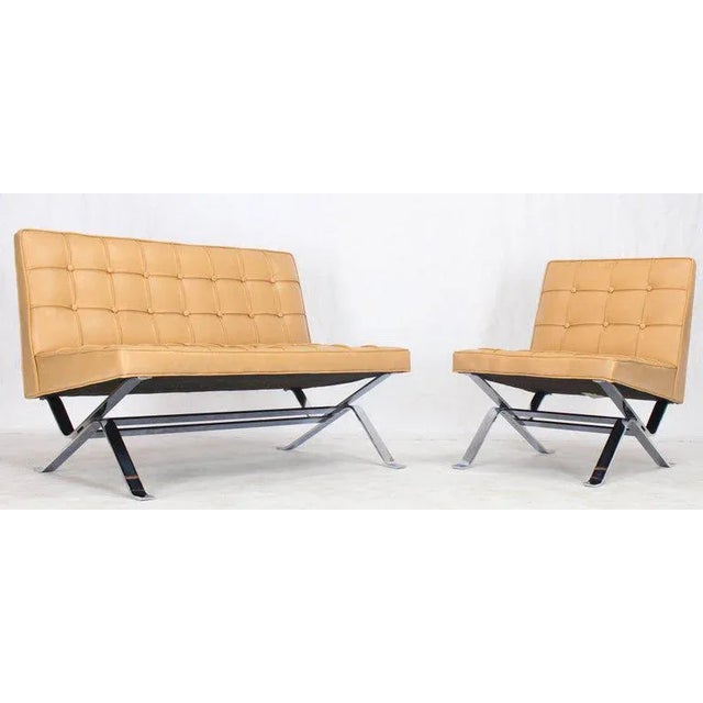 Mid-Century Modern Mid-Century Modern Tufted Upholstery Chrome Base Settee Loveseat and Chair Set - 2 Pieces For Sale - Image 3 of 11