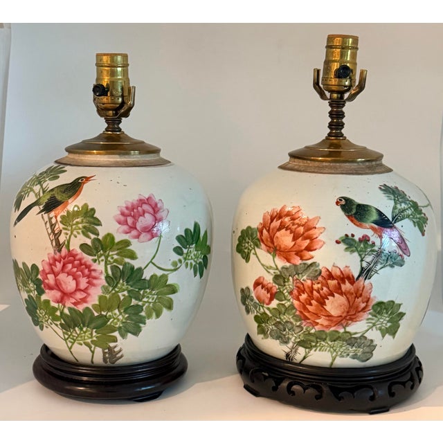 Chinoiserie Pair of Chinese Famille Rose Chinoiserie Porcelain Handpainted Ginger Jar Table Lamps, Pink and Green Floral With Birds and Calligraphy For Sale - Image 3 of 18
