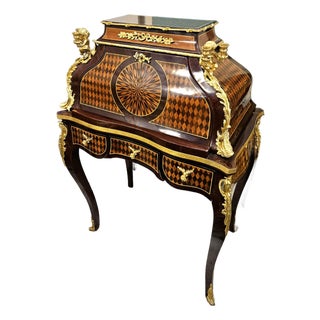 French-Style Marquetry Writing Desk – Rich Wood, Harlequin Inlay, Gilded Bronze & Gold Leaf Details For Sale