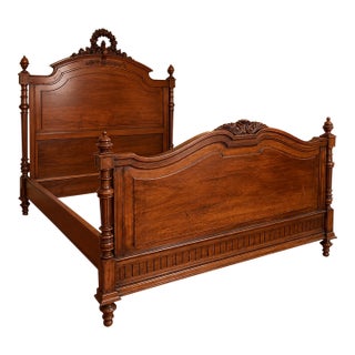 Antique 19th C French Victorian Revival Walnut Wood Full Bed Frame For Sale