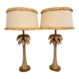 Extra Tall Carved Palm Tree Tan Natural Linen Shade Fringe Regency Table Lamps- a Pair