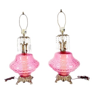 Pair of Large Cranberry Glass Crystal Decorated Table Lamps MINT! For Sale