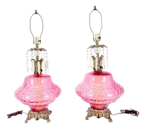 Pair of Large Cranberry Glass Crystal Decorated Table Lamps MINT!