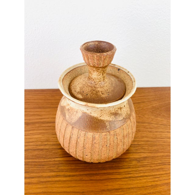 Vintage 1970s Handmade Stoneware Lidded Vessel handmade made of a stoneware type material earthy terracotta & cream color...