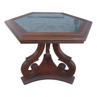 Vintage Octagonal End Table Carved Wood With Glass Top For Sale