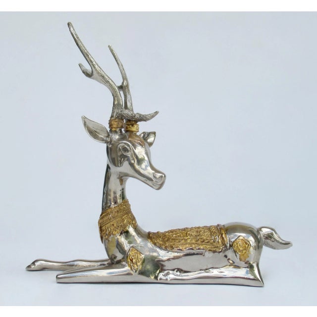 Vintage C.1970's Asian (Thailand) Nickel Plate and Gilt Gold Embellished Antler Reindeer For Sale - Image 12 of 12
