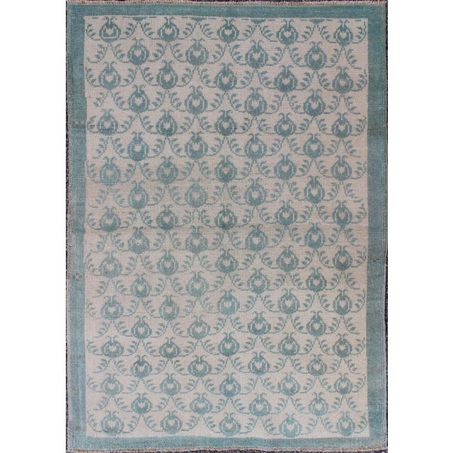 Textile Mid 20th Century Vintage Turkish Oushak Rug With All-Over Design in Light Blue and Cream For Sale - Image 7 of 7