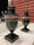 Midcentury black glazed porcelain and bronze neoclassical table lamps by The Marbro Lamp Company, signed. Piece...