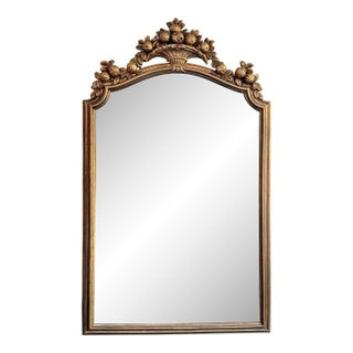 Gold Giltwood Style Beveled Glass Mirror With Pomegranate Fruit Basket Top For Sale