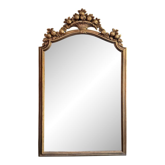 Gold Giltwood Style Beveled Glass Mirror With Pomegranate Fruit Basket Top For Sale
