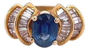 1.19 Carat Oval Cut Blue Sapphire with Baguette Cut Diamonds in 14k Gold Ring, Size 6.5