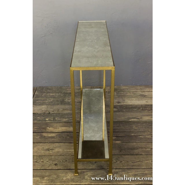 2010s Gold Finish Iron Console Table With Antiqued Mirror Shelves For Sale - Image 5 of 9