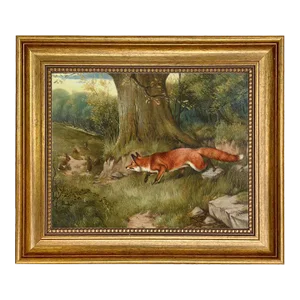 "Fox Hunting Rabbits" Contemporary Reproduction Print on Canvas After J.A. Wheeler, Framed 11-1/2" X 13-1/2"