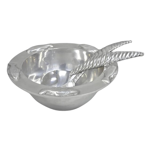 Vintage Mariposa Brillante Mid Century Modern Aluminum Fish Salad Bowl With Utensils- 3 Pieces For Sale
