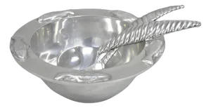 Vintage Mariposa Brillante Mid Century Modern Aluminum Fish Salad Bowl With Utensils- 3 Pieces