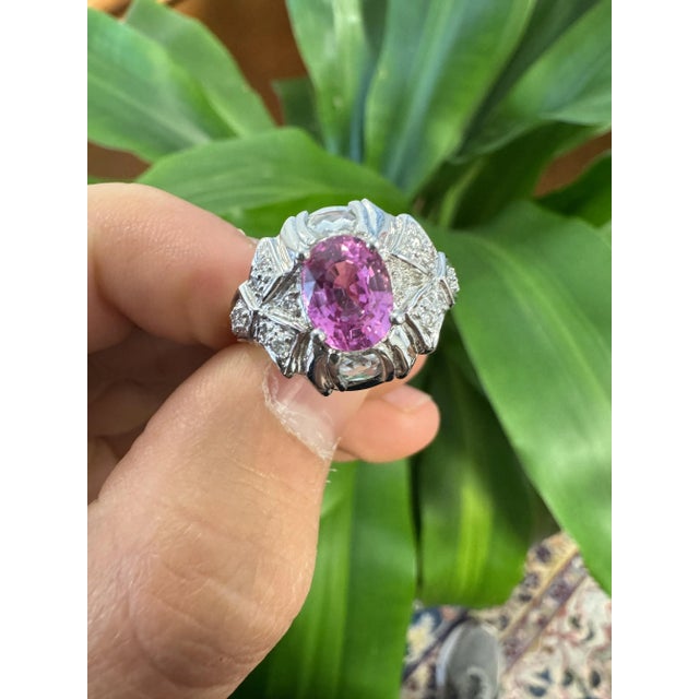 1990s GIA Certified 2.4 Carat No Heat Pink Sapphire & Briolette Diamond Platinum Ring For Sale - Image 5 of 6