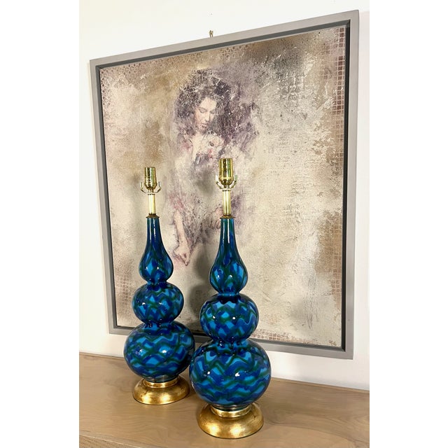 Vintage Blue Glazed Ceramic Table Lamps - A Pair For Sale In Atlanta - Image 6 of 12