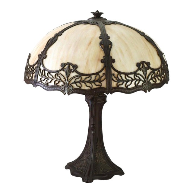 Antique Bradley & Hubbard School 6 Panel Slag Glass Lamp C1920 For Sale