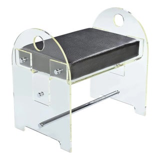 Vintage 1970s Clear Acrylic Lucite Vanity Stool New Upholstered Seat For Sale