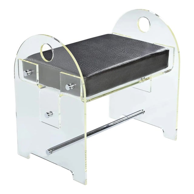 Vintage 1970s Clear Acrylic Lucite Vanity Stool New Upholstered Seat For Sale