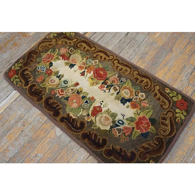 1890s Brown Roses Folk Art Antique American Hooked Rug 1'8" X 3'4" Knotted Wool Carpet For Sale - Image 4 of 10