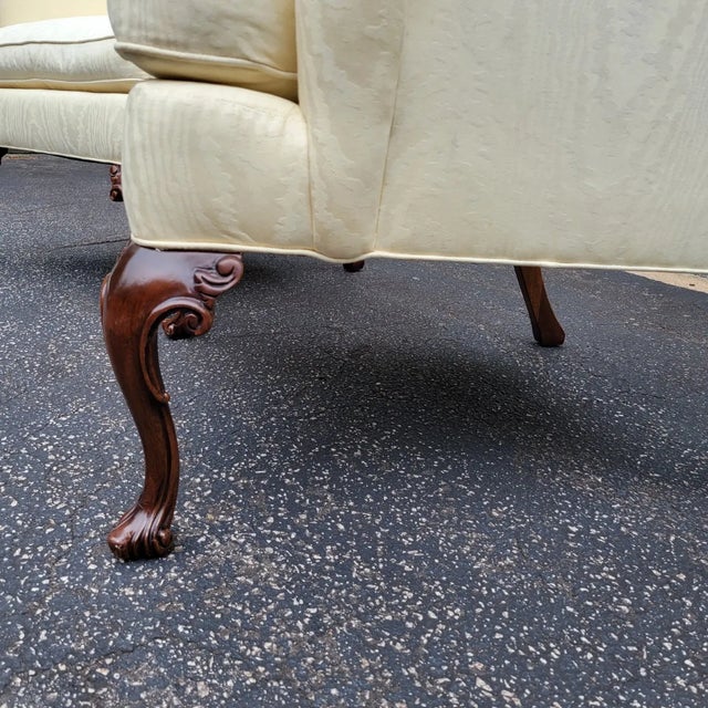 Ivory Pair of Southwood Queen Anne Wingback Chairs in Ivory Damask For Sale - Image 8 of 15