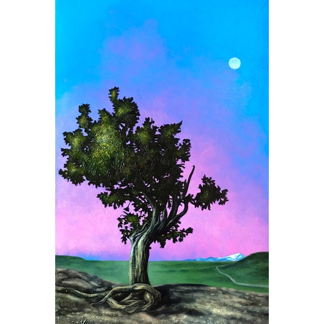 The artwork depicts a solitary tree standing against a vibrant sky, transitioning from deep blue to soft pink, with a...