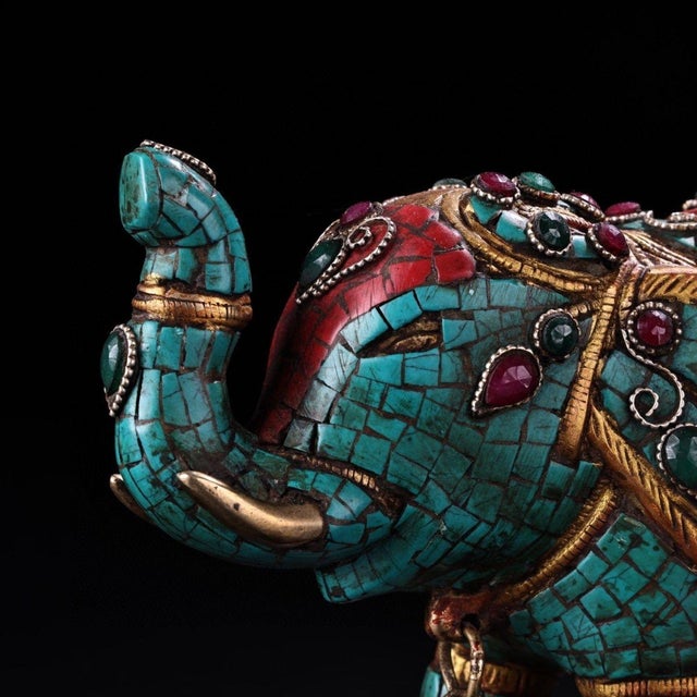 Metal Vintage Himalayan Bronze Elephant Statue With Turquoise & Gemstone Inlay For Sale - Image 7 of 9