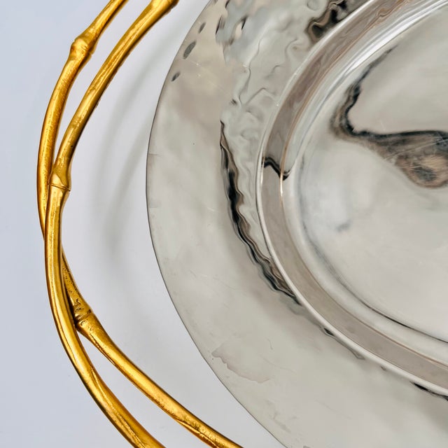 Early 21st Century l'Objet Contemporary 24 Karat Gold & Nickel Plated Faux Bamboo Handled 24" Oval Platter Butler's Tray For Sale - Image 5 of 17