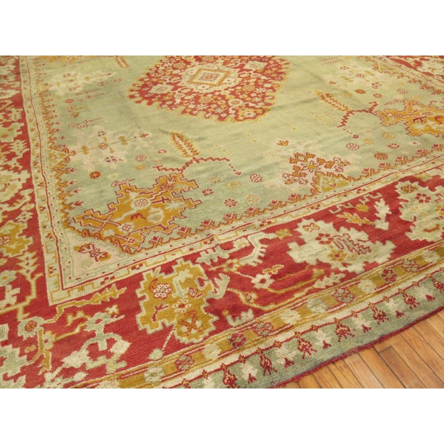 Asian Antique Antique Large Square Green Oushak Rug - 13'8" x 15'3" For Sale - Image 3 of 12