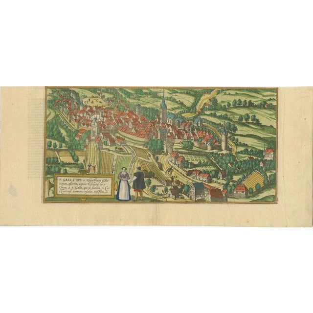 Engraving: braun & hogenberg’s "s. Galli opp. Et monasterium heluetiorum" from civitates orbis terrarum (1575) this is an...
