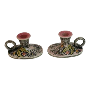 Mid Century Hull Pottery Pink Blossom Flite Candlestick Holders- Set of 2