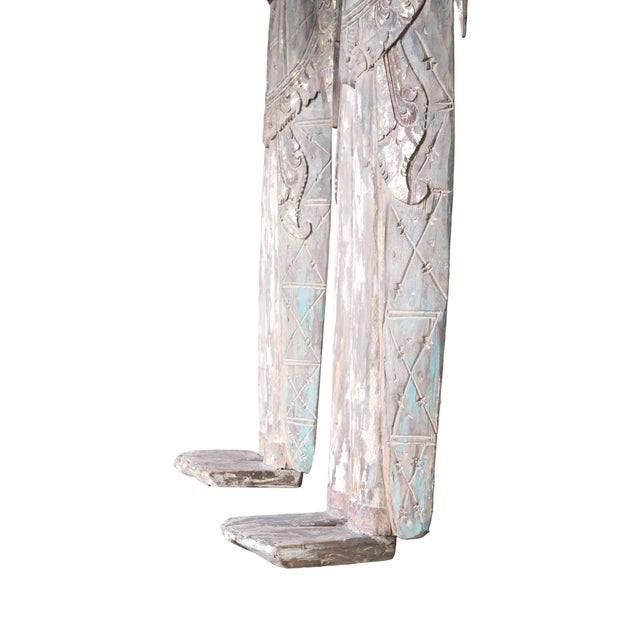 Beige Antique Pair of 19th Large Carved Wood Statues of Thai Theppanom Buddhist Angel Deities For Sale - Image 8 of 11