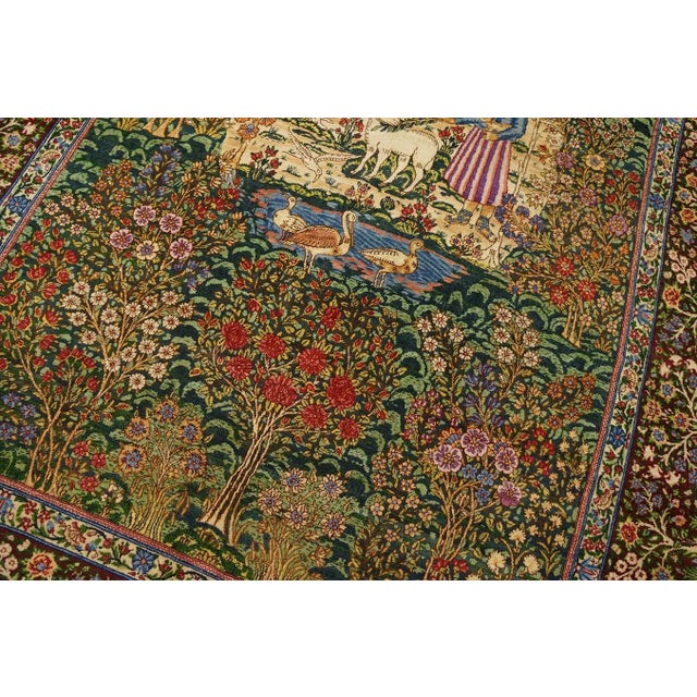 Majestic Green Background Figural Floral Pattern Kirman Design Persian Rug For Sale In New York - Image 6 of 6