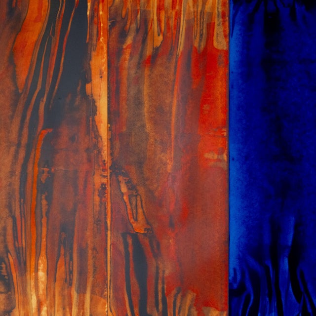 Paper Original Large Abstract Blue & Burnt Orange Split Composition Painting on Paper by Casey R. Klein For Sale - Image 7 of 9