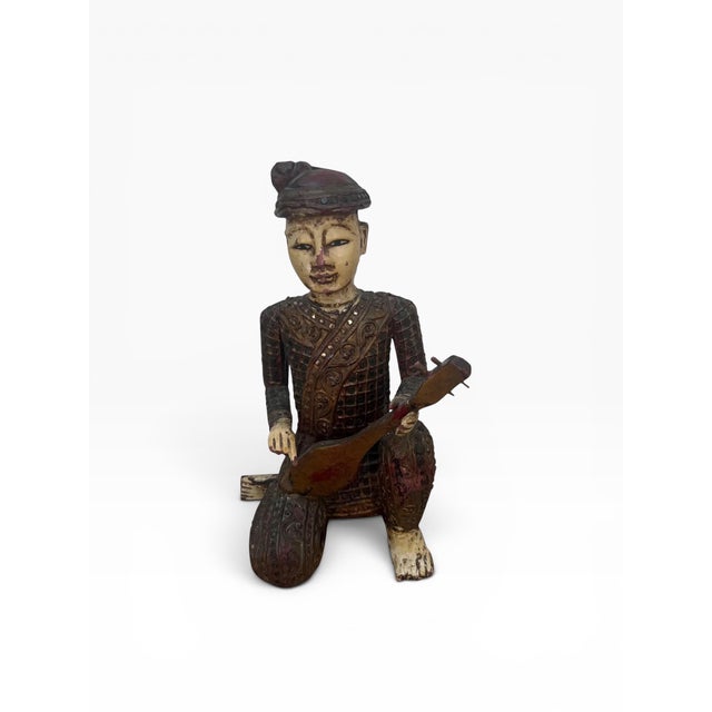 Brown Hand-Carved Chinese Wooden Figural Sculpture of Seated Musician With String Instrument For Sale - Image 8 of 12