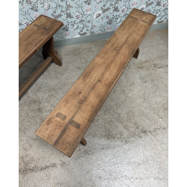 Wood Oak Farm Benches, 1960s, Set of 2 For Sale - Image 7 of 8
