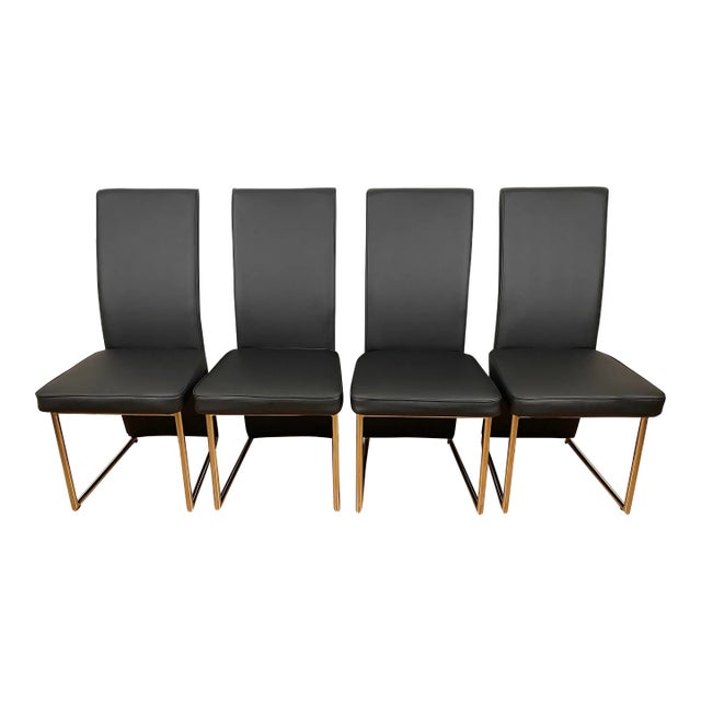 Set of 4 Milo Baughman Style Thin Line Chrome & Black Faux Leather Dining Chairs For Sale