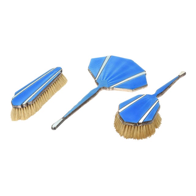 Early 20th Century English Art Deco Sterling Silver Blue White Guilloche Enamel Brush Dresser Set - 3 Pieces For Sale