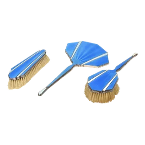 Early 20th Century English Art Deco Sterling Silver Blue White Guilloche Enamel Brush Dresser Set - 3 Pieces