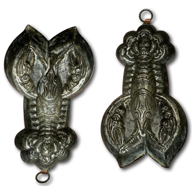 This Really is a Very Rare Original Matching Pair of Antique Copper Kitchen Molds. Lobster Motif Kitchen Molds are Very...