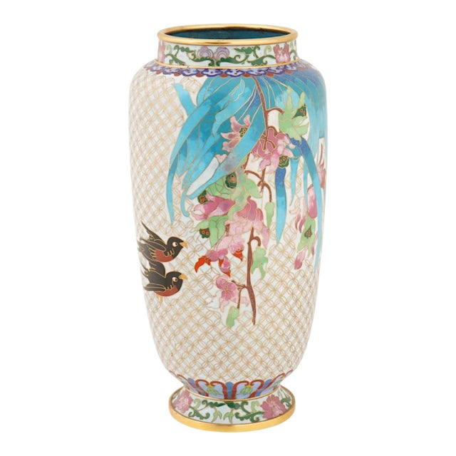 Chinese Birds Polychrome Cloisonne Enamel Vase For Sale