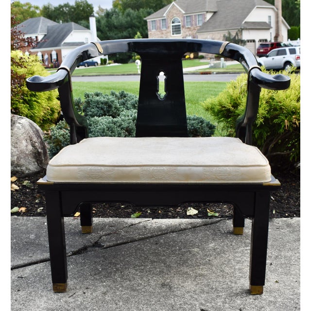 Asian Vintage Century Chair Black Lacquer Horseshoe Ming Chair Brass Accents For Sale - Image 3 of 17