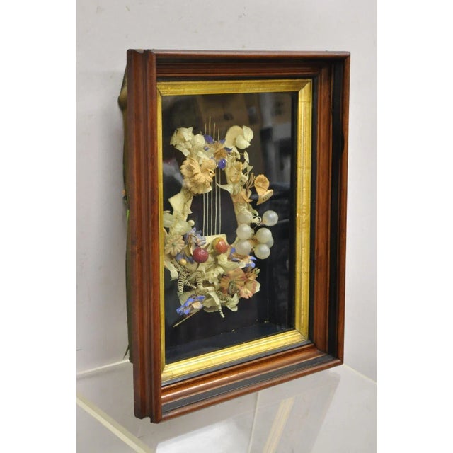 Antique Victorian Harp Design Flower Mourning Wreath Mahogany Shadow Box Frame. Item features a harp design, floral...