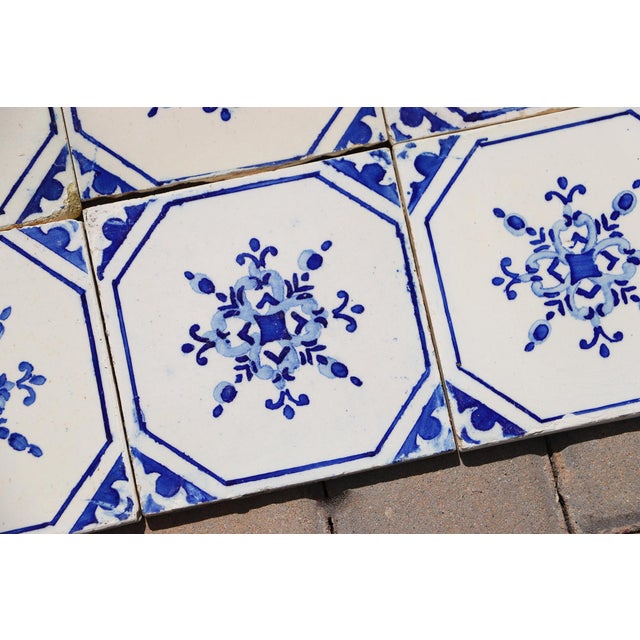 Antique 1920s Portuguese Ceramic Tiles With Stylized Art Deco Rosette Motif Set of 14 For Sale - Image 17 of 18
