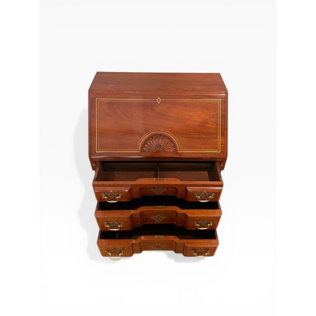 Traditional Early 20th Century Federal Revival Mahogany Drop Front Secretary Desk With Inlay For Sale - Image 3 of 17