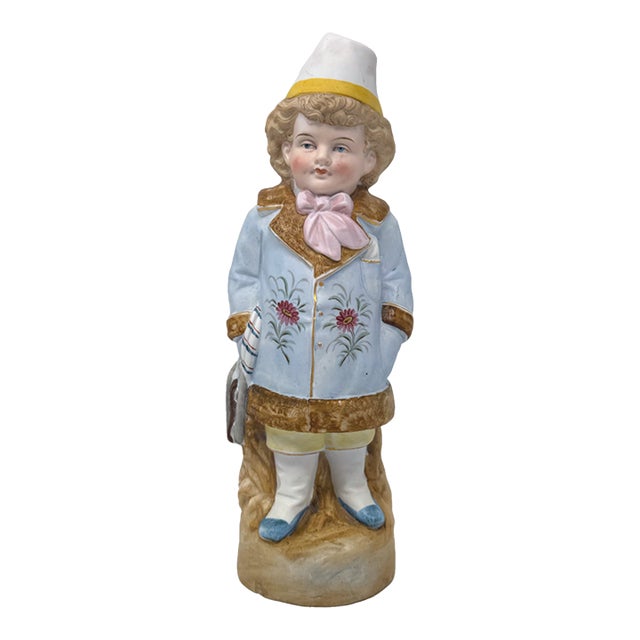Antique German Bisque Porcelain Boy Figurine 10" - Hand Painted For Sale